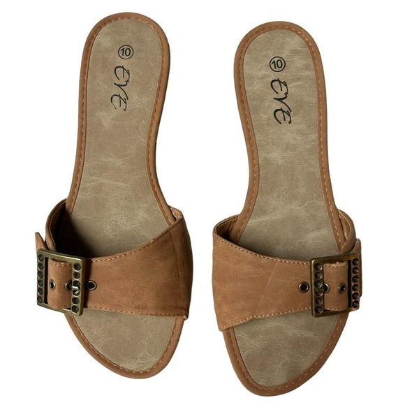 Eve Buckle Sandal Slides Low Heel Camel Color Size 10 - Picture 2 of 15